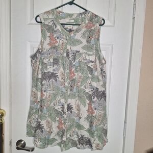 C&C California top beige green tropical leaves button sleeveless linen Size 2X
